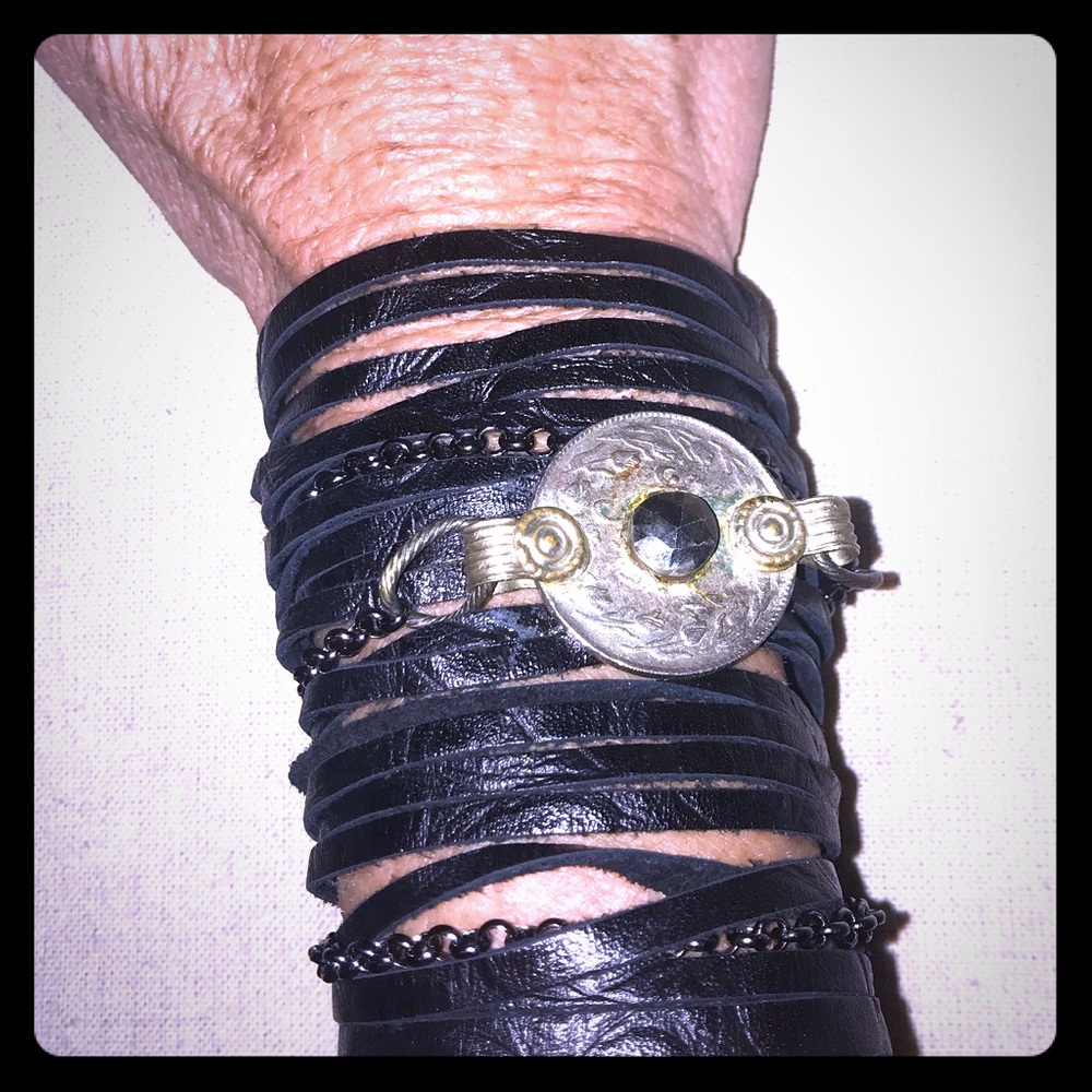 Black Leather Bracelet with medallion accent